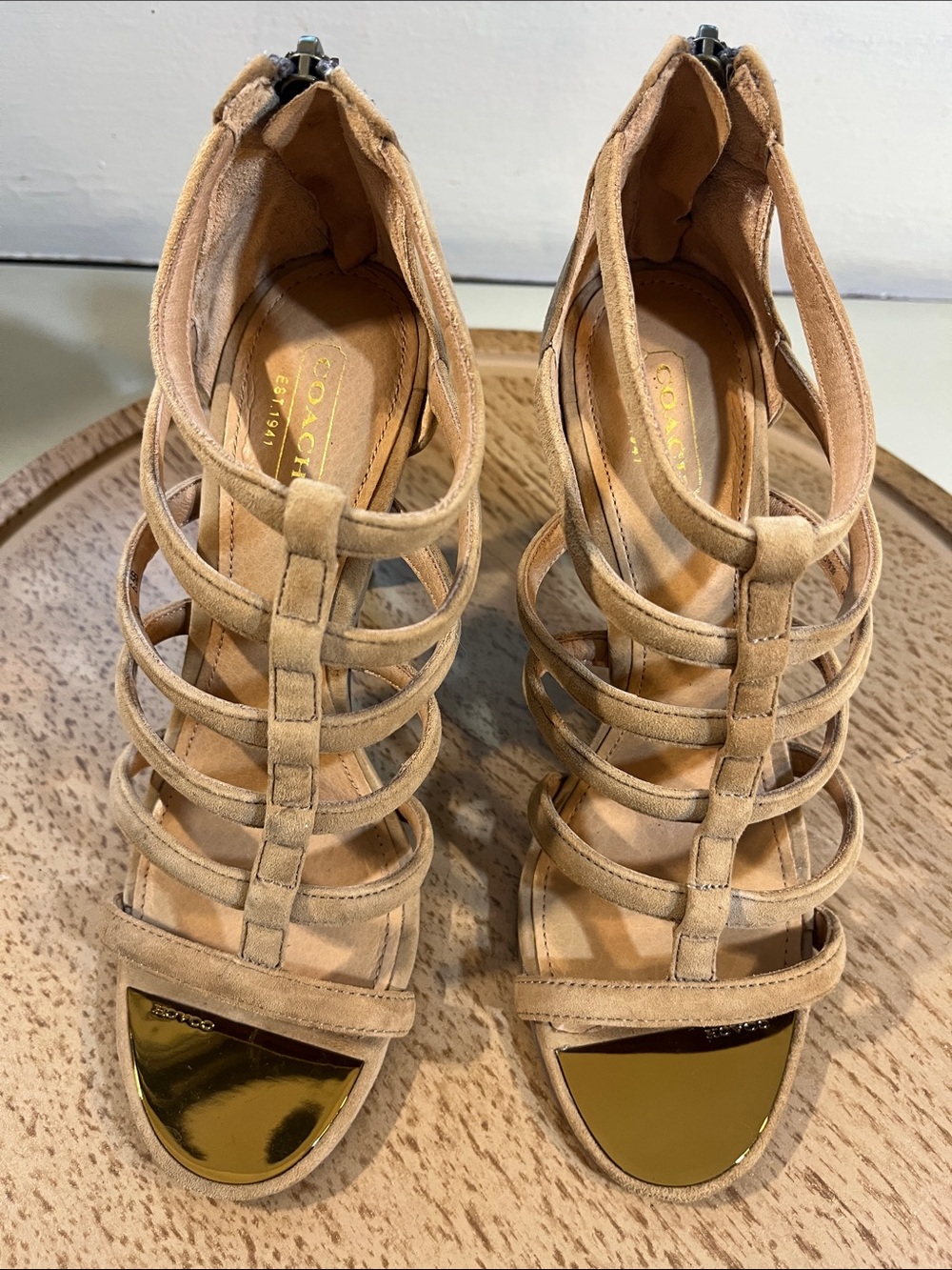 Coach Beige Suede Multi-Strap Heeled Sandals with Gold Toe Plate